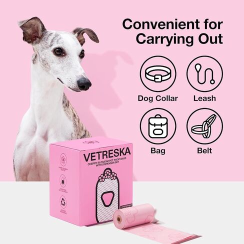 VETRESKA Dog Poop Bag Dispenser with Cherry Blossom Scented Poop Bags, Leak Proof and Extra Thick Pet Waste Bags, 1 Poop Bag Holder and 105 Bags for Dog Walking and Cats Litter, Pink in Saudi Arabia
