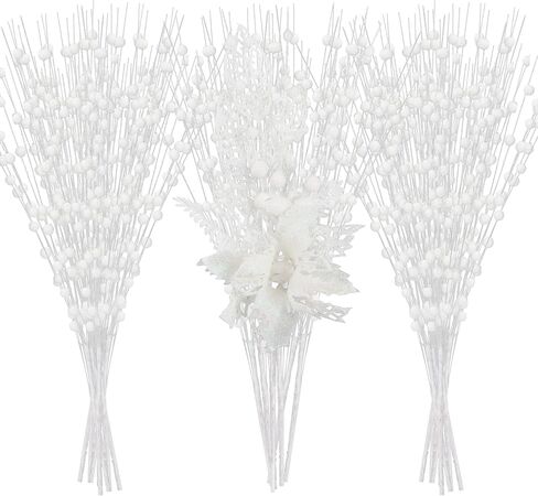 30 حزمة من الحلي الجذعية للتوت والزهور اللامعة الاصطناعية، 17 بوصة من اختيارات عيد الميلاد مع زهور البونسيتة اللامعة وفرع الزهور المزيفة لتزيين شجرة عيد الميلاد وديكور المنزل (أحمر) in Kuwait