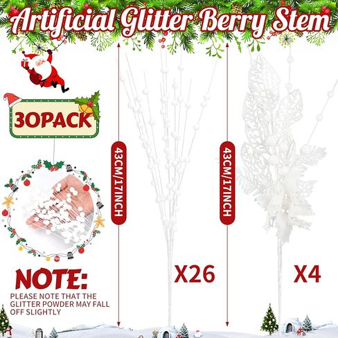 30 حزمة من الحلي الجذعية للتوت والزهور اللامعة الاصطناعية، 17 بوصة من اختيارات عيد الميلاد مع زهور البونسيتة اللامعة وفرع الزهور المزيفة لتزيين شجرة عيد الميلاد وديكور المنزل (أحمر) in Kuwait