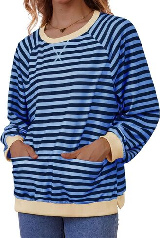 Womens Long Sleeve Oversized Sweatshirt Striped Crewneck Casual Loose Pullover Tops with Pockets in Kuwait