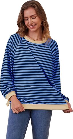Womens Long Sleeve Oversized Sweatshirt Striped Crewneck Casual Loose Pullover Tops with Pockets in Kuwait