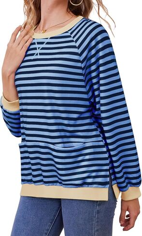 Womens Long Sleeve Oversized Sweatshirt Striped Crewneck Casual Loose Pullover Tops with Pockets in Kuwait