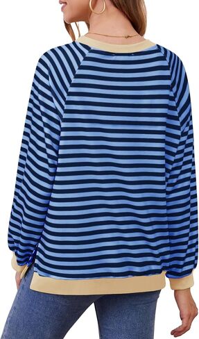 Womens Long Sleeve Oversized Sweatshirt Striped Crewneck Casual Loose Pullover Tops with Pockets in Kuwait