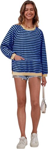 Womens Long Sleeve Oversized Sweatshirt Striped Crewneck Casual Loose Pullover Tops with Pockets in Kuwait