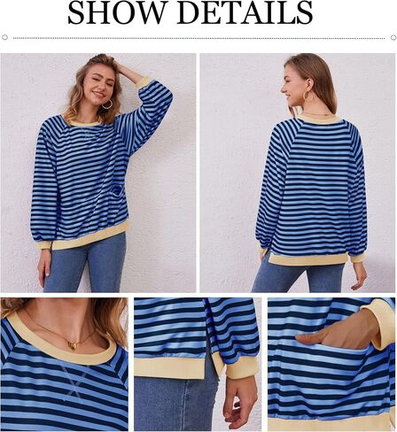 Womens Long Sleeve Oversized Sweatshirt Striped Crewneck Casual Loose Pullover Tops with Pockets in Kuwait