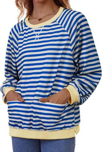 Womens Long Sleeve Oversized Sweatshirt Striped Crewneck Casual Loose Pullover Tops with Pockets in Kuwait