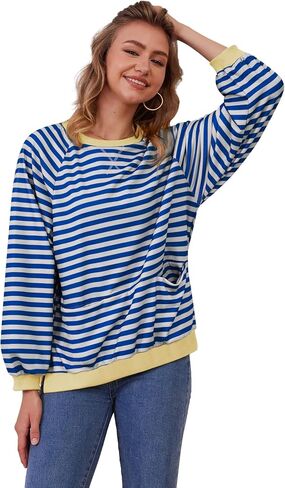 Womens Long Sleeve Oversized Sweatshirt Striped Crewneck Casual Loose Pullover Tops with Pockets in Kuwait