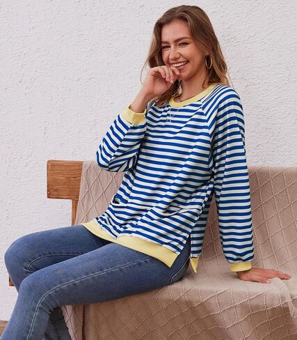 Womens Long Sleeve Oversized Sweatshirt Striped Crewneck Casual Loose Pullover Tops with Pockets in Kuwait