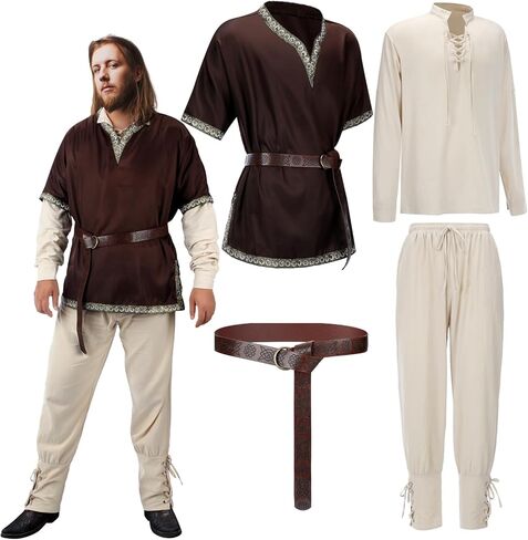 4 قطعة زي عصر النهضة للرجال للهالوين زي فارس القرون الوسطى قميص علوي سروال برباط الكاحل PU مجموعة حزام الفايكنج in Kuwait