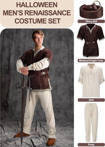 4 قطعة زي عصر النهضة للرجال للهالوين زي فارس القرون الوسطى قميص علوي سروال برباط الكاحل PU مجموعة حزام الفايكنج in Kuwait