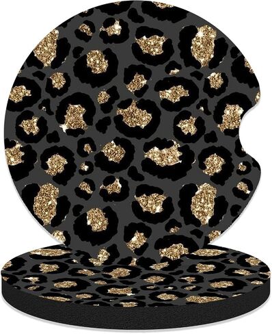Car Coasters for Cup Holders, 2 Pack Anti Slip Universal Rubber Car Cup Coaster for Women Men, Car Interior Accessories - Black Gold Leopard Print in Kuwait