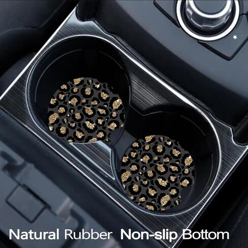 Car Coasters for Cup Holders, 2 Pack Anti Slip Universal Rubber Car Cup Coaster for Women Men, Car Interior Accessories - Black Gold Leopard Print in Kuwait