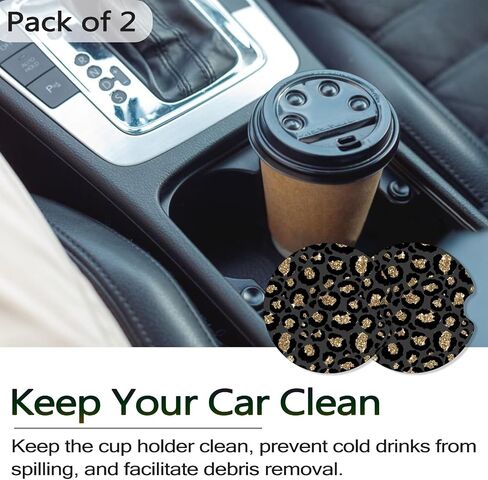 Car Coasters for Cup Holders, 2 Pack Anti Slip Universal Rubber Car Cup Coaster for Women Men, Car Interior Accessories - Black Gold Leopard Print in Kuwait