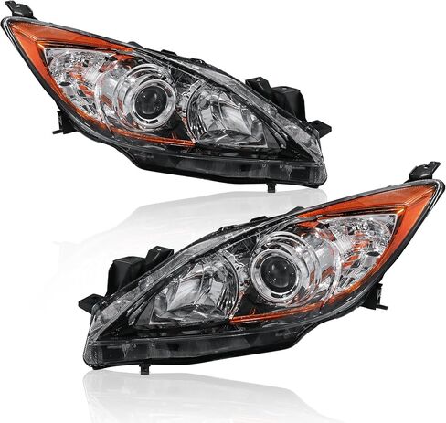 Headlights Assembly Replacement Compatible with 2010-2013 Mazda 3 Halogen with Clear Lens Chrome Housing Amber Reflector Front Lamps Driver and Passenger Side #MA2518130, MA2519130 in Saudi Arabia
