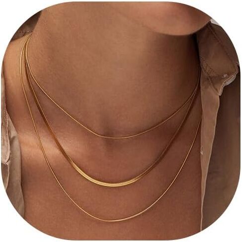 Gold Herringbone Necklace For Women,Layered Gold Necklaces,14k Gold Plated Dainty Gold Necklace Stack,Chunky Chain Choker Paperclip Snake Simple Necklace,Gold Jewelry Gift for Women in Saudi Arabia