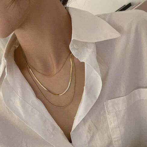 Gold Herringbone Necklace For Women,Layered Gold Necklaces,14k Gold Plated Dainty Gold Necklace Stack,Chunky Chain Choker Paperclip Snake Simple Necklace,Gold Jewelry Gift for Women in Saudi Arabia