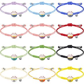 Kigeli 12 Pcs Lucky Cat Bracelets Cute Maneki Neko Bracelet Adjustable Fortune String Feng Shui Bracelet Lucky Cat Ceramic Beads Bracelets with Bell for Women