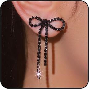 Bow Earrings for Women Silver Rhinestone Bow Earrings Sparkly Earrings Long Bow Dangle Earrings Bow Jewelry Hot Pink Purple Blue Black Red Bow Earrings for Women Dainty Bow Stuff Christmas