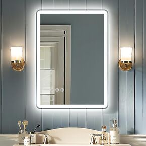 16x24 LED Mirror for Bathroom, Backlit & Front Lights, Rounded Corner Frameless, 3 Colors & Dimmable Bathroom Vanity Mirror, Anti-Fog, Shatterproof Tempered Glass (Horizontal/Vertical)