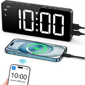 AMIR Alarm Clocks for Bedrooms - Bluetooth Sync Time Alarm Clock, Digital Clock Large Display with USB Charging Port, Dimmable, Adjustable Volume, Snooze, 12/24H, Loud Alarm for Heavy Sleepers