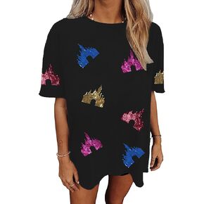 Magic Kingdom Shirt for Women Oversized Sequin Princess Castle T Shirts Casual Family Vacation Tee Tops