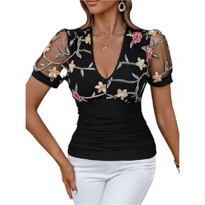 WDIRARA Women's Floral Embroidery Deep V Neck Mesh Short Sleeve Top Ruched Slim Fit Tee