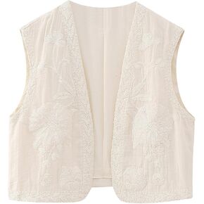hathne Women's Floral Embroidered Vest Boho Vintage Sleeveless Open Front Cardigan Shirt Vests Waistcoat