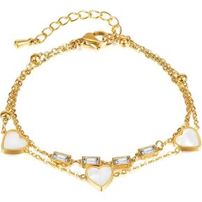 Fashion Cubic Zirconia Adjustable Link Bracelet 18K Gold Plated Hearts Double Layer Chain Bracelet