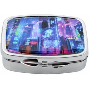 Metal Pill Case with Mirror 2 Compartment Small Pill Box for Purse or Pocket Cute Pill Organizer for Travel Gifts Pill Container Holder Cyberpunk