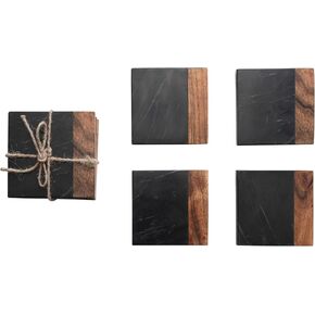 Creative Co-Op Marble and Acacia Wood 2-Tone, Black and Natural, Set of 4 Coaster