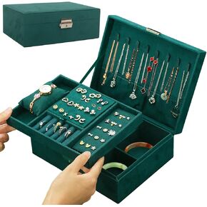 Nsmykhg Velvet Jewelry Box Organizer - 2 Pack Lockable 2 Layer Travel Case with Removable Tray, Jewelry Storage for Women & Men, Jewelry Display Case for Rings, Necklace, Earrings (Green)