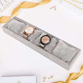 TMISHION 4 Grid Slots Bracelet Display Tray, Gray Flannel Jewelry Storage Organizer With Pillows, Jewelry Holder For Bangles Bracelets Watches