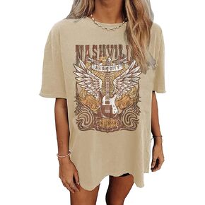 Nashville Music City T-Shirt Women Country Music Oversized Shirts Rock Band Tshirt Vintage Guitar Wings Graphic Tees