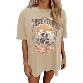 ناشفيل ميوزيك سيتي تي شيرت نسائي موسيقى الريف قمصان كبيرة الحجم لفرقة الروك تي شيرت عتيق بأجنحة الجيتار تي شيرت جرافيك in Kuwait