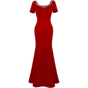 ANGEL FASHIONS فستان سهرة أنيق باللون الأزرق الداكن ورقبة مربعة فستان رسمي مع فتحة عنق ومطرز مثالي للحفلات الراقصة