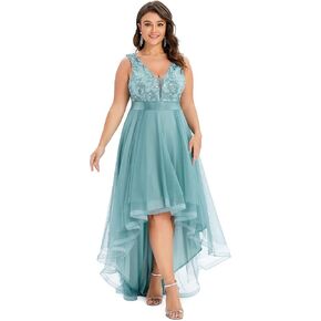 Ever-Pretty Plus Women's Deep V-Neck Lace Applique High Low A-Line Plus Size Tulle Maxi Evening Party Dresses 00793-DA