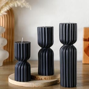 3 Pcs Ribbed Pillar Candles Handmade Scented Soy Wax Candle Natural Aesthetic Candles Housewarming Gift Decorative Candles for Home Decor, 5.5 Inch, 7 Inch, 9 Inch in Height (Dark Blue)