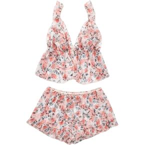 MakeMeChic Women's Plus Size 2 Piece Pajama Sets Floral Print Cami Crop Top and Shorts Set Comfy Sleepwear