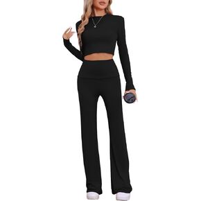 cheibear Womens Lounge Sets Long Sleeve Crop Top Foldover Flare Pants Casual Pajama 2 Piece Outfits