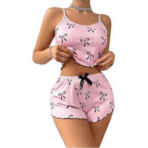 Verdusa Women's 2 Piece Pajama Sets Bow Knot Printed Crop Cami Top and Shorts