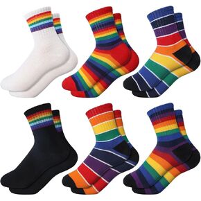 6 Pairs Kids Boys Crew Socks Cotton Rainbow Stripe Socks Kids Calf Athletic Socks for 3-12 Years Girls and Boys