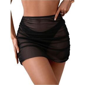 SHENHE Women's Ruched Beach Mini Skirt Swim Cover Up Skirt High Waist Sheer Coverup Skirt