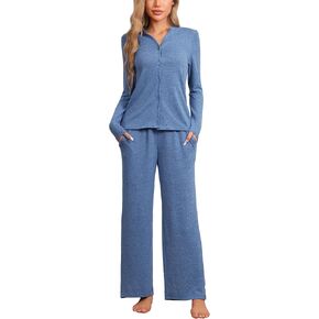 cheibear Womens Button Down Pajamas Knit 2024 Loungewear Tops with Pants Two Pieces Long Sleeve Pj Sets