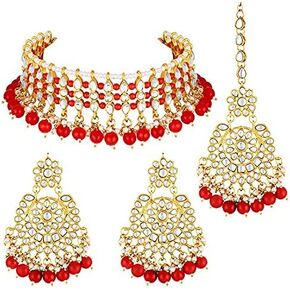 Aheli Kundan Choker Necklace Set with Earrings Manng Tikka Set Indian Traditional Wedding Jewelry Gift for Women