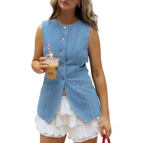 Cicy Bell Womens Round Neck Denim Waistcoat Vest Summer Button up Jean Vest Tops Fitted Sleeveless Jackets