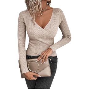 WDIRARA Women's Wrap V Neck Long Sleeve Cross Front Knitted Top Pullovers