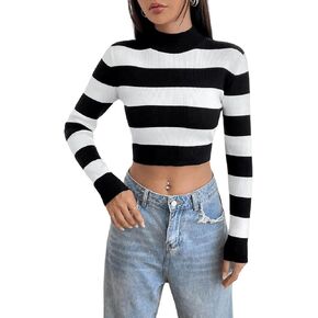 Verdusa Women's Striped Mock Neck Long Sleeve Slim Fitted Crop Sweater Pullover
