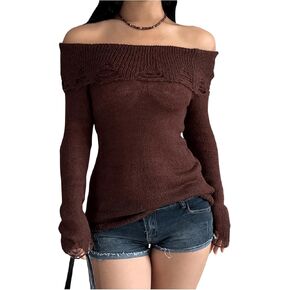 GORGLITTER Women's Off The Shoulder Sweater Distressed Goth Long Sleeve Pullover Tops