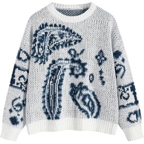 ZAFUL Womens Sweater Long Sleeve Crewneck 2024 Fashion Print Cute Oversized Chunky Knit Pullover Blouse Tops Jumpers