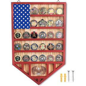 Challenge Coin Display Stand – 5 Rows Wooden Coin Rack, 10x16.5 Inch Handmade Wall Mount Holder, Holds 26 Coins, American Flag Military Coin Holder for Police, Military, Veterans, Patriotic Decor